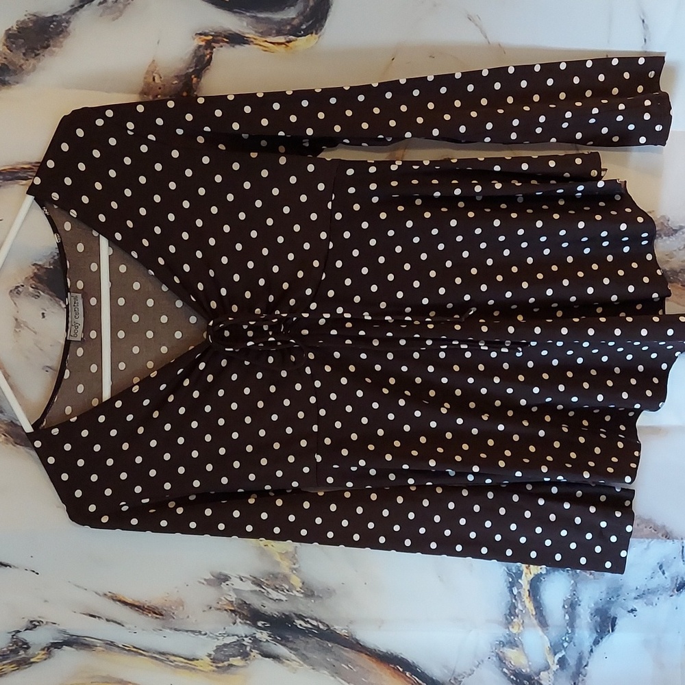 Body Central Polka Dot Stretch Brown & White Adorable Blouse Sz L